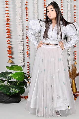 Silver & Grey Mirror Hand Embroidered Skirt Set For Girls by MISS NAKHREBAAZ