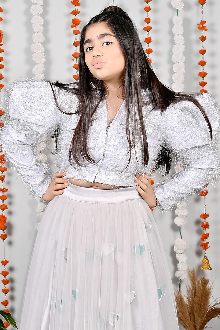 Silver & Grey Mirror Hand Embroidered Skirt Set For Girls by MISS NAKHREBAAZ at Pernia's Pop Up Shop