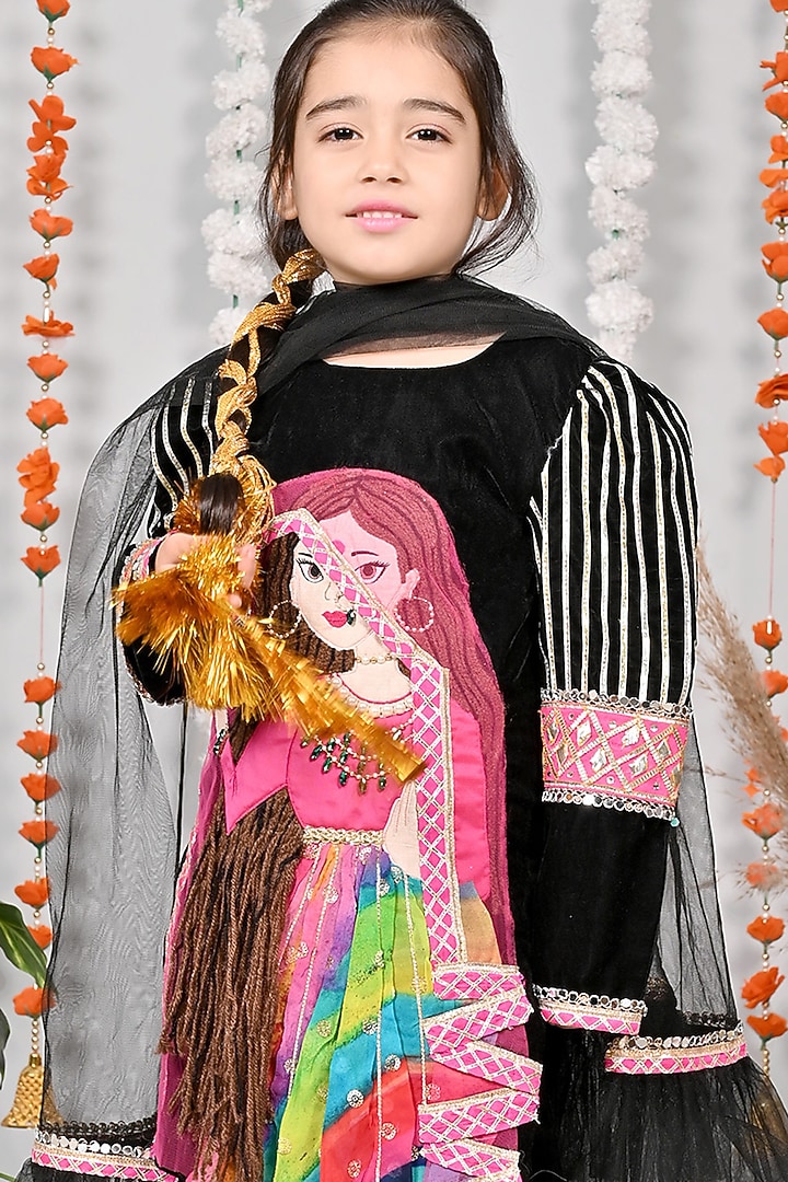 Black Velvet Motifs Hand Embroidered Kurta Set For Girls by MISS NAKHREBAAZ at Pernia's Pop Up Shop