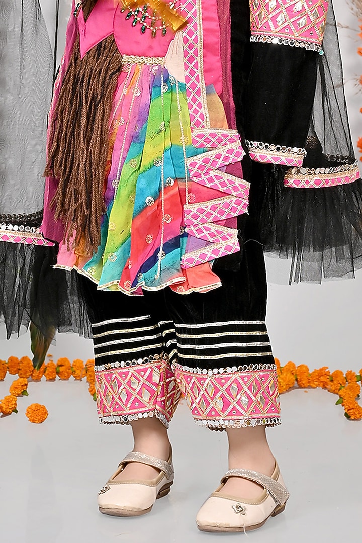 Black Velvet Motifs Hand Embroidered Kurta Set For Girls by MISS NAKHREBAAZ at Pernia's Pop Up Shop