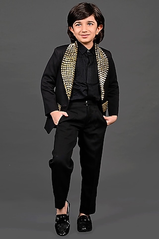 Black Japanese & Cotton Hand Embroidered Blazer Set For Boys by MISS NAKHREBAAZ