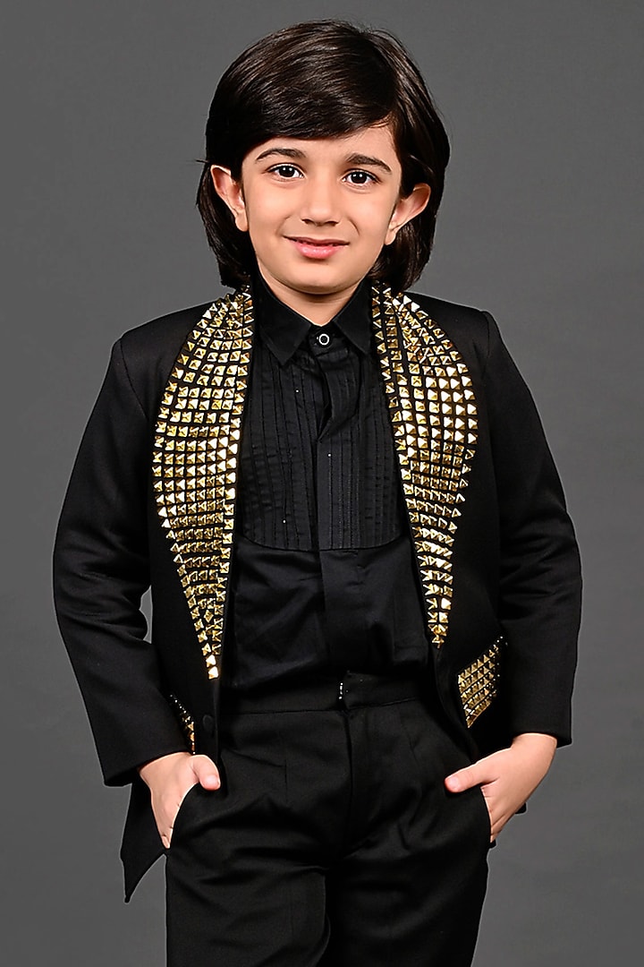 Black Japanese & Cotton Hand Embroidered Blazer Set For Boys by MISS NAKHREBAAZ at Pernia's Pop Up Shop