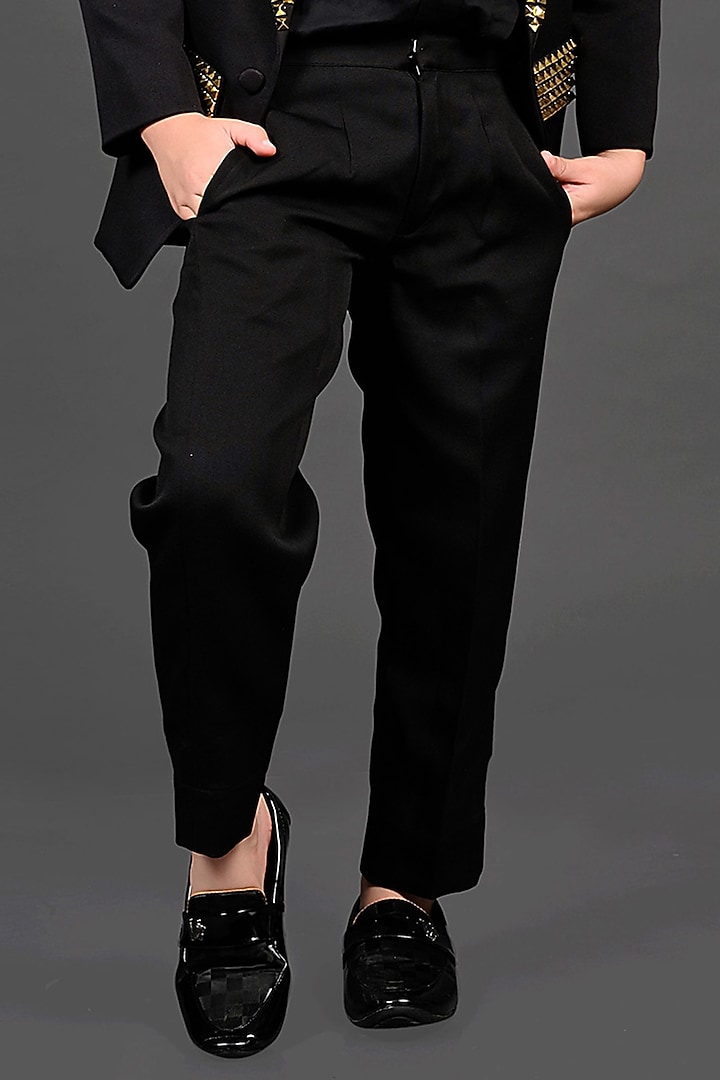 Black Japanese & Cotton Hand Embroidered Blazer Set For Boys by MISS NAKHREBAAZ at Pernia's Pop Up Shop