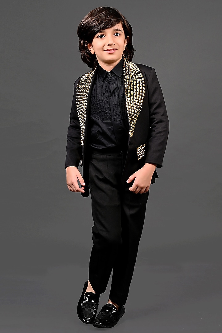 Black Japanese & Cotton Hand Embroidered Blazer Set For Boys by MISS NAKHREBAAZ at Pernia's Pop Up Shop