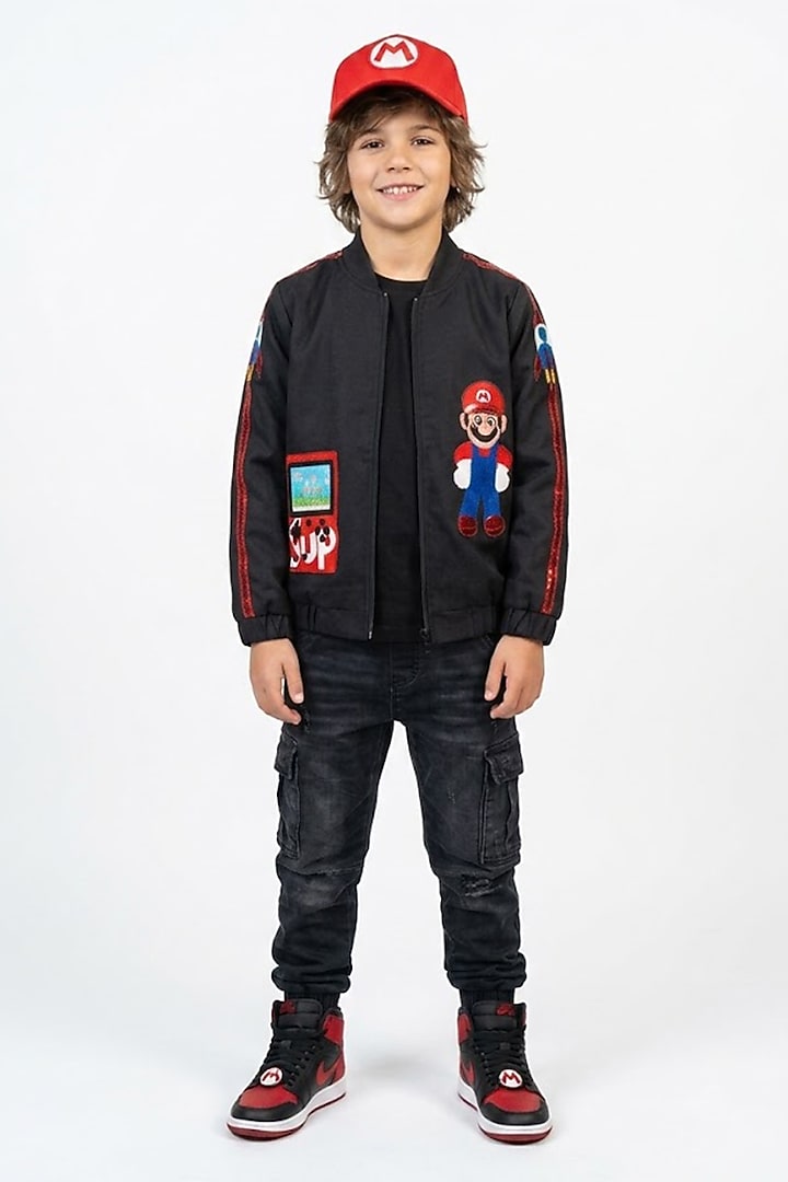 Black & Red Japanese Bomber Jacket For Boys by MISS NAKHREBAAZ at Pernia's Pop Up Shop