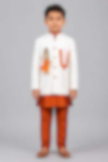 White & Rust Orange Dupion Silk Ram Art Bandhgala Set For Boys by MISS NAKHREBAAZ at Pernia's Pop Up Shop