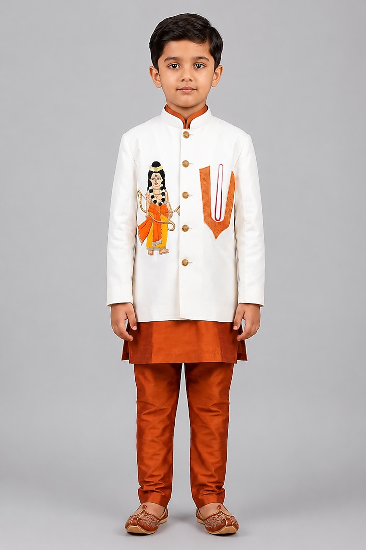 White & Rust Orange Dupion Silk Ram Art Bandhgala Set For Boys by MISS NAKHREBAAZ at Pernia's Pop Up Shop
