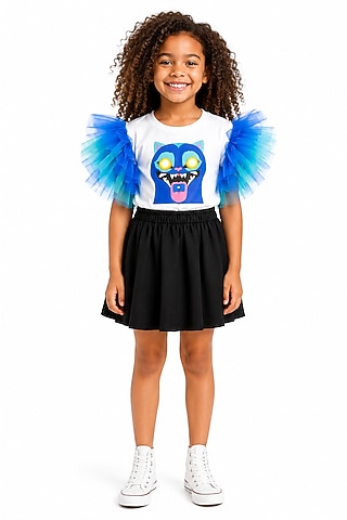 White Japanese Monster Patch Skirt Set For Girls by MISS NAKHREBAAZ