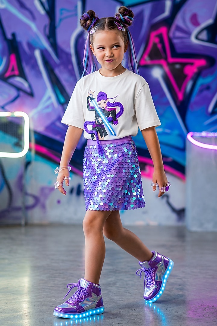 White & Purple Lycra 3D Embellished Skirt Set For Girls by MISS NAKHREBAAZ at Pernia's Pop Up Shop
