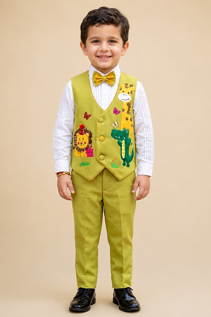 Lime Green Japanese Applique Waistcoat Set For Boys by MISS NAKHREBAAZ at Pernia's Pop Up Shop