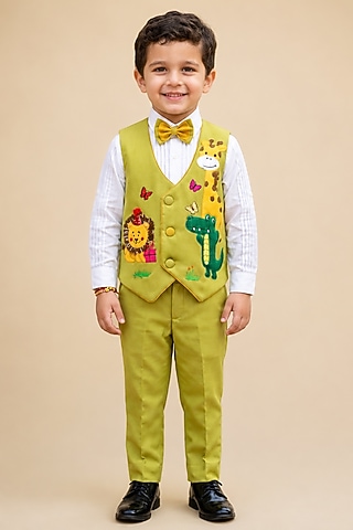 Lime Green Japanese Applique Waistcoat Set For Boys by MISS NAKHREBAAZ