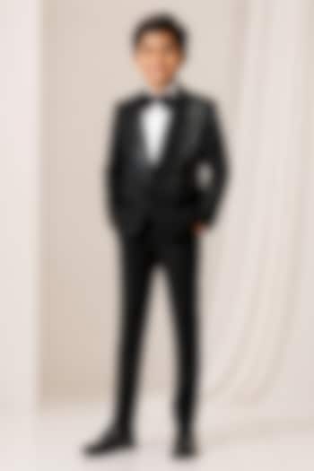Black Japanese Suiting Crystal Embroidered Tuxedo Set For Boys by MISS NAKHREBAAZ at Pernia's Pop Up Shop