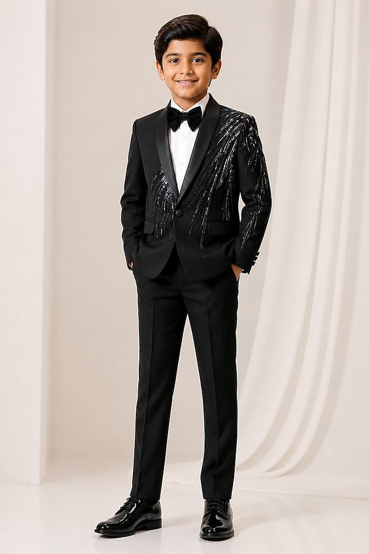 Black Japanese Suiting Crystal Embroidered Tuxedo Set For Boys by MISS NAKHREBAAZ at Pernia's Pop Up Shop