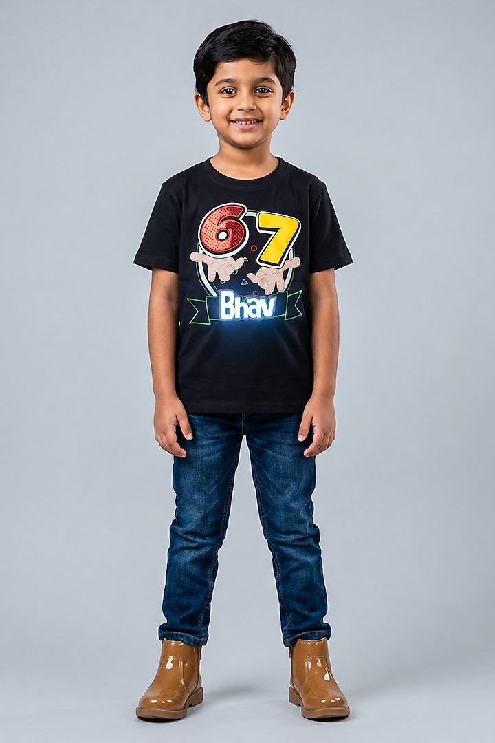 Black Lycra Embellished T-Shirt For Boys by MISS NAKHREBAAZ at Pernia's Pop Up Shop