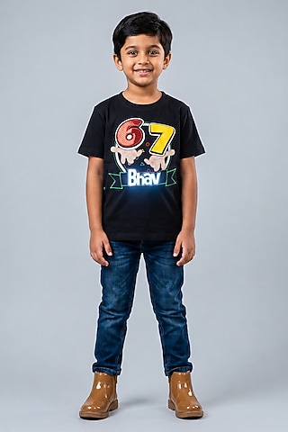 Black Lycra Embellished T-Shirt For Boys by MISS NAKHREBAAZ