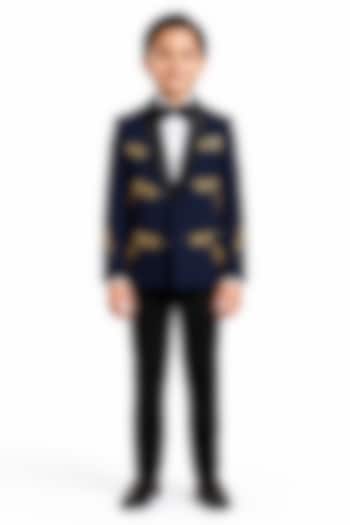 Navy Blue Japanese Dragonfly Embroidered Tuxedo Set For Boys by MISS NAKHREBAAZ at Pernia's Pop Up Shop