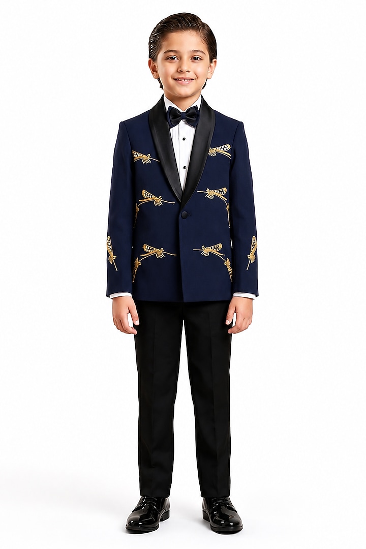 Navy Blue Japanese Dragonfly Embroidered Tuxedo Set For Boys by MISS NAKHREBAAZ at Pernia's Pop Up Shop