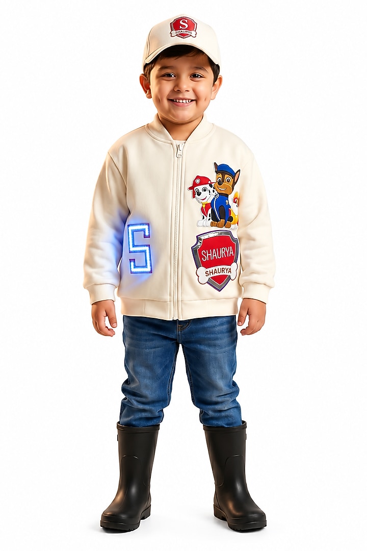 Off-White Japanese Paw Patrol Patch Jacket For Boys by MISS NAKHREBAAZ at Pernia's Pop Up Shop