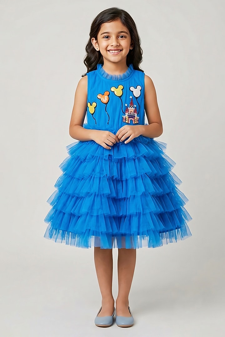 Royal Blue Japanese Sequin Motif Embroidered Dress For Girls by MISS NAKHREBAAZ at Pernia's Pop Up Shop