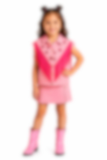 Pink Denim Twill Fringe Star Embroidered Skirt Set For Girls by MISS NAKHREBAAZ at Pernia's Pop Up Shop