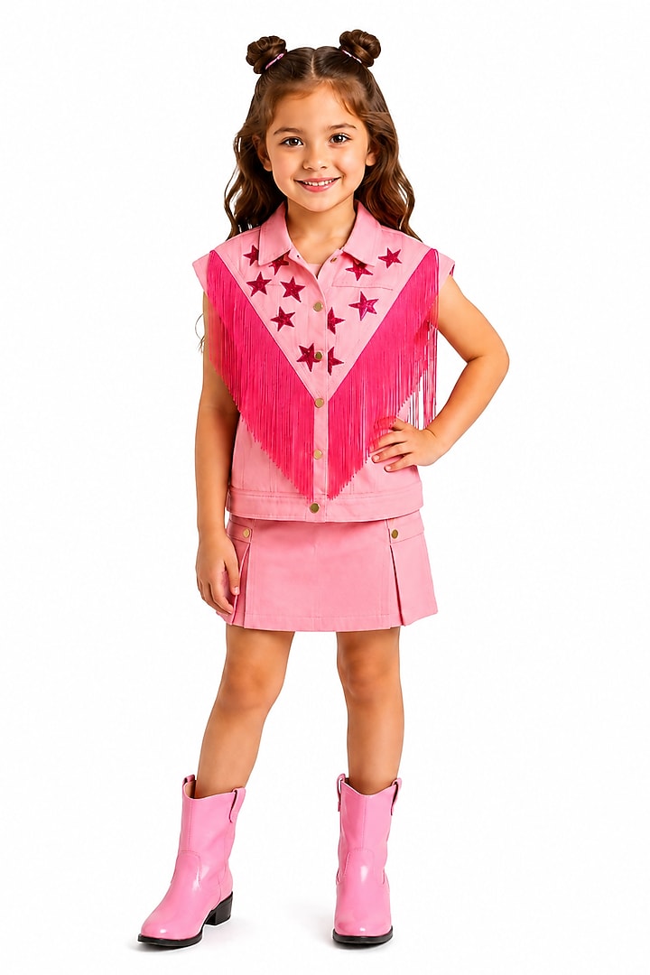 Pink Denim Twill Fringe Star Embroidered Skirt Set For Girls by MISS NAKHREBAAZ at Pernia's Pop Up Shop