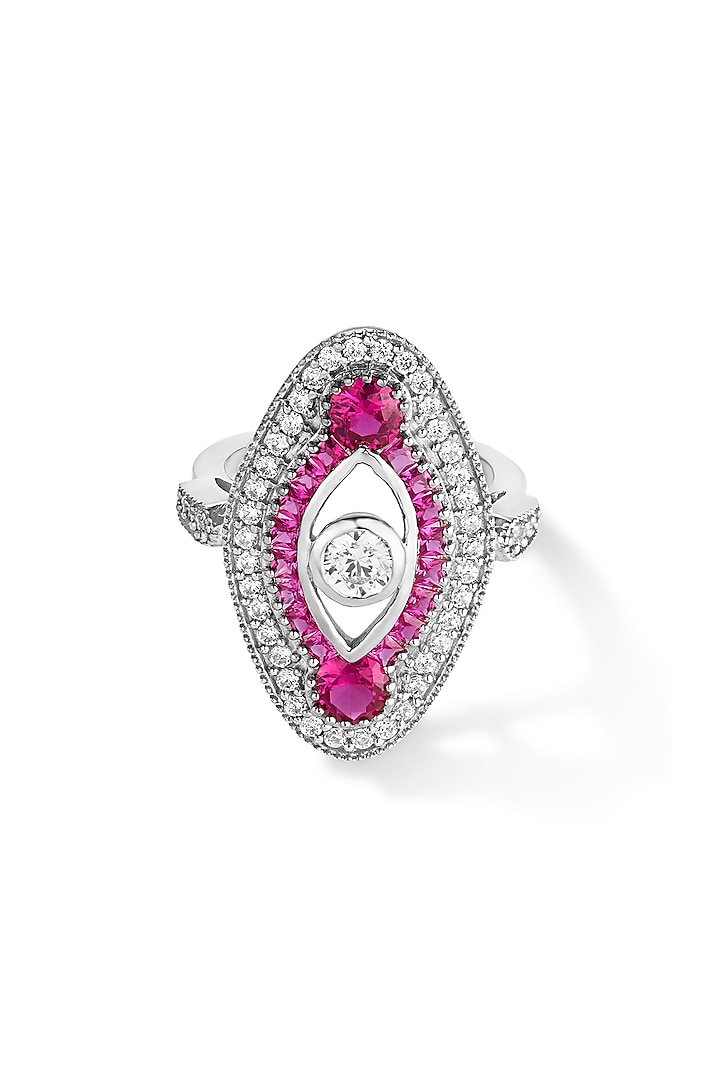 White Rhodium Plated Pink Ruby & Cubic Zircon Ring In Sterling Silver by Mirelle at Pernia's Pop Up Shop