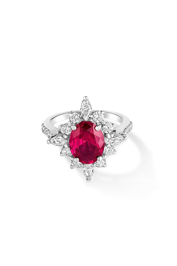 White Rhodium Plated Ruby & Cubic Zircon Ring In Sterling Silver by Mirelle