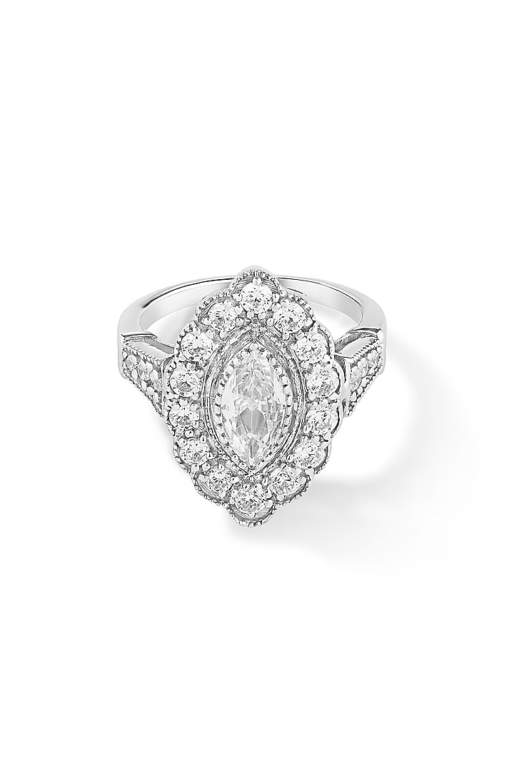 White Rhodium Plated Marquise Solitaire & Cubic Zircon Ring In Sterling Silver by Mirelle
