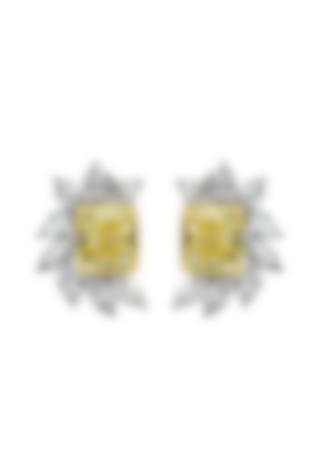 White Rhodium Plated Yellow Citrine & Cubic Zircon Stud Earrings In Sterling Silver by Mirelle