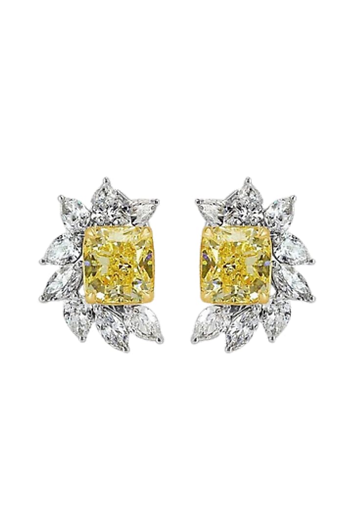 White Rhodium Plated Yellow Citrine & Cubic Zircon Stud Earrings In Sterling Silver by Mirelle