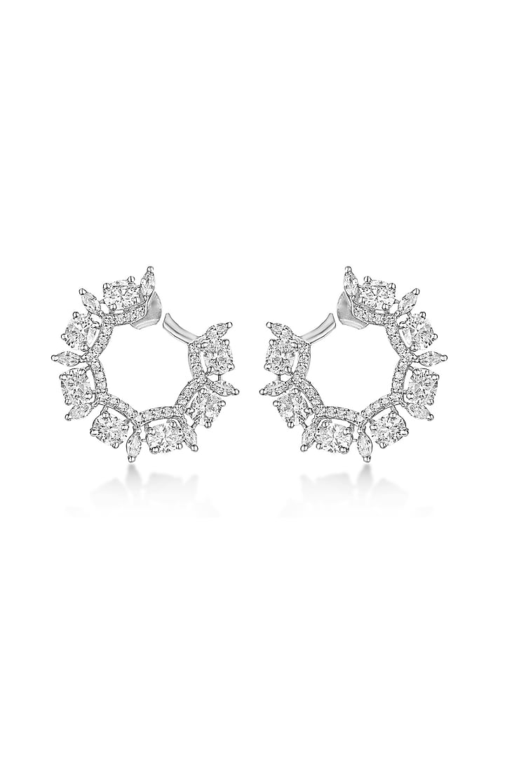 White Rhodium Plated Cubic Zircon Hoop Earrings In Sterling Silver by Mirelle
