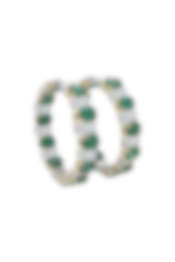 Gold Rhodium Plated Emerald & Cubic Zircon Hoop Earrings In Sterling Silver by Mirelle