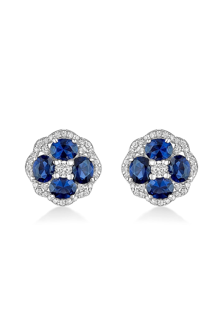 White Rhodium Plated Blue Sapphire & Cubic Zircon Stud Earrings In Sterling Silver by Mirelle