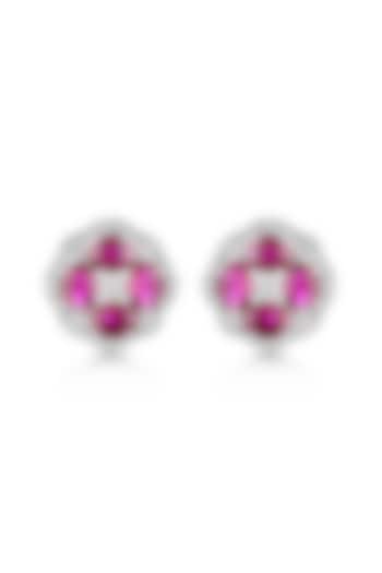White Rhodium Plated Pink Ruby & Cubic Zircon Stud Earrings In Sterling Silver by Mirelle