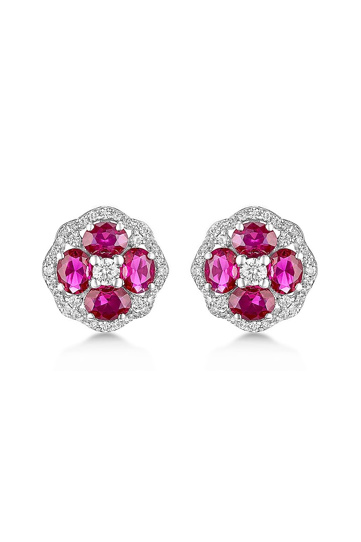 White Rhodium Plated Pink Ruby & Cubic Zircon Stud Earrings In Sterling Silver by Mirelle