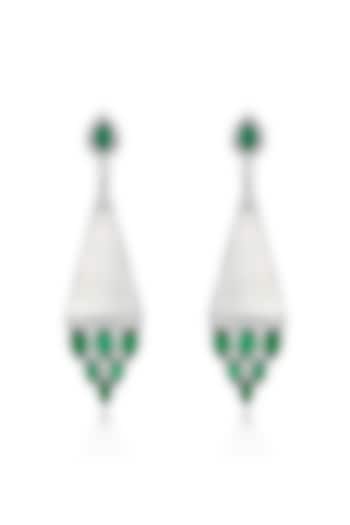 White Rhodium Plated Emerald & Mother Of Pearl Dangler Earrings In Sterling Silver by Mirelle