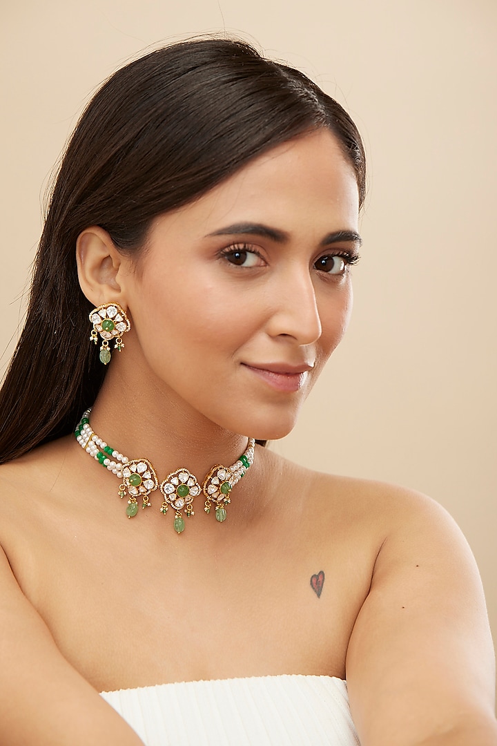 Gold Plated Moissanite Polki & Green Beaded Choker Necklace Set In Sterling Silver by Mirelle at Pernia's Pop Up Shop