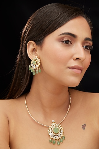 Gold Plated Green Moissanite Polki Stone Pendant Necklace Set In Sterling Silver by Mirelle