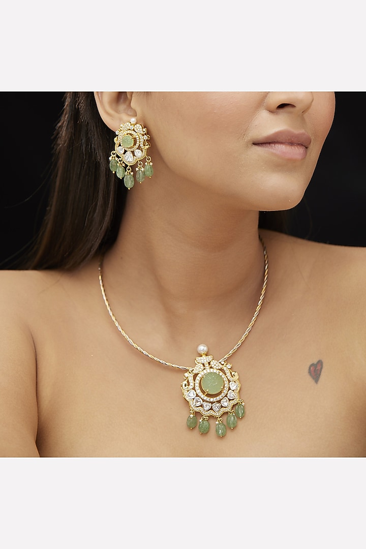 Gold Plated Green Moissanite Polki Stone Pendant Necklace Set In Sterling Silver by Mirelle at Pernia's Pop Up Shop