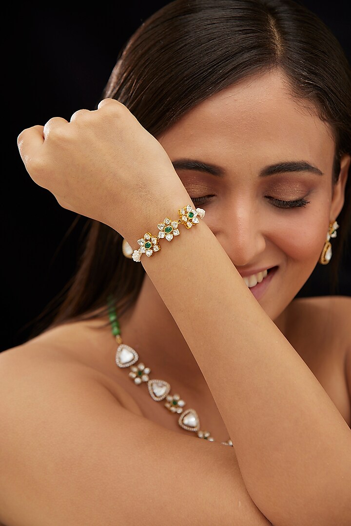 Gold Plated Green Moissanite Polki & Emerald Stone Bracelet In Sterling Silver by Mirelle at Pernia's Pop Up Shop