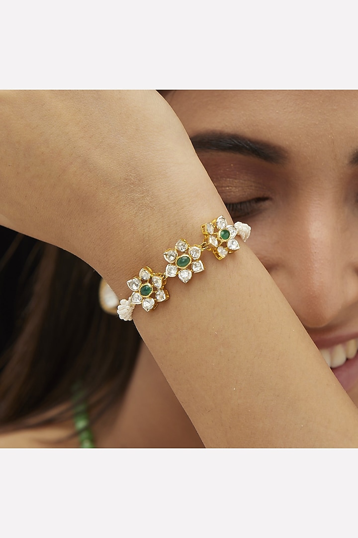 Gold Plated Green Moissanite Polki & Emerald Stone Bracelet In Sterling Silver by Mirelle at Pernia's Pop Up Shop