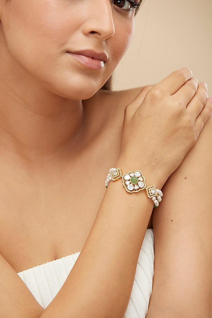 Gold Plated Green Moissanite Polki & Zircon Bracelet In Sterling Silver by Mirelle at Pernia's Pop Up Shop