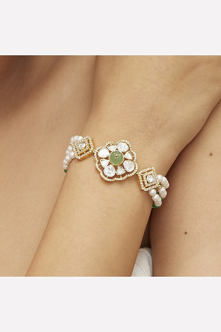 Gold Plated Green Moissanite Polki & Zircon Bracelet In Sterling Silver by Mirelle at Pernia's Pop Up Shop