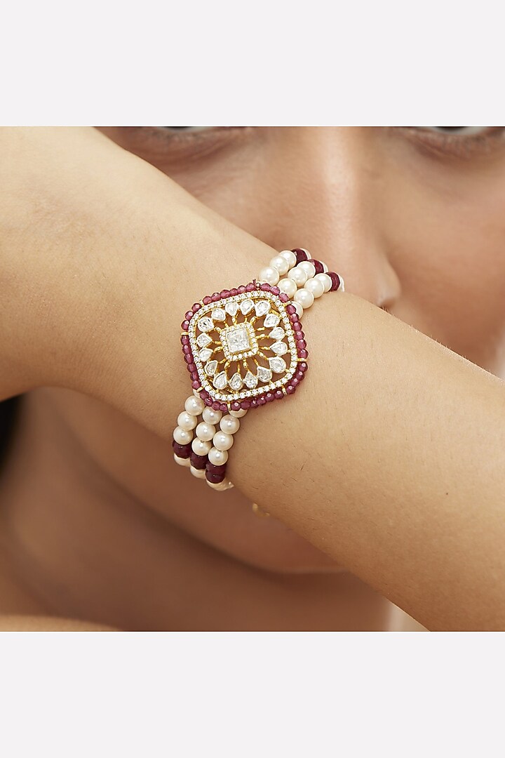 Gold Plated Green Moissanite Polki & Zircon Bracelet In Sterling Silver by Mirelle at Pernia's Pop Up Shop