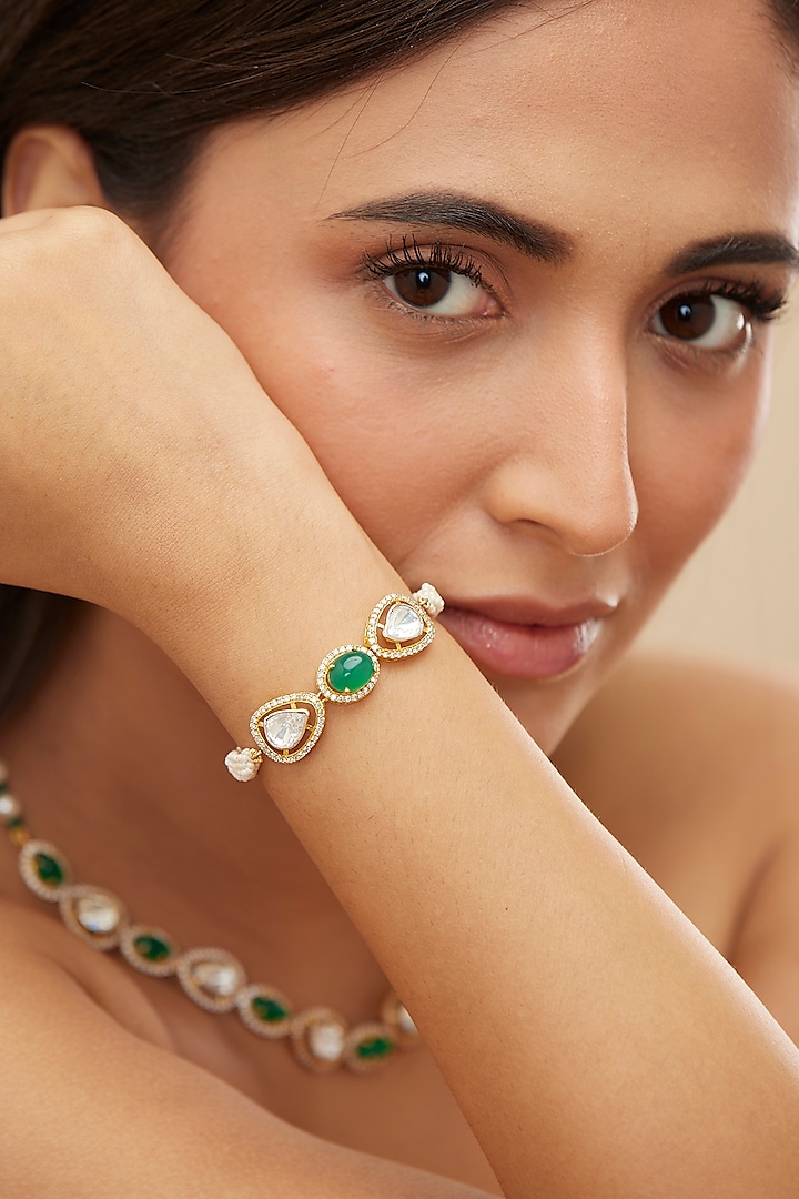 Gold Plated Green Moissanite Polki & Zircon Bracelet In Sterling Silver by Mirelle at Pernia's Pop Up Shop