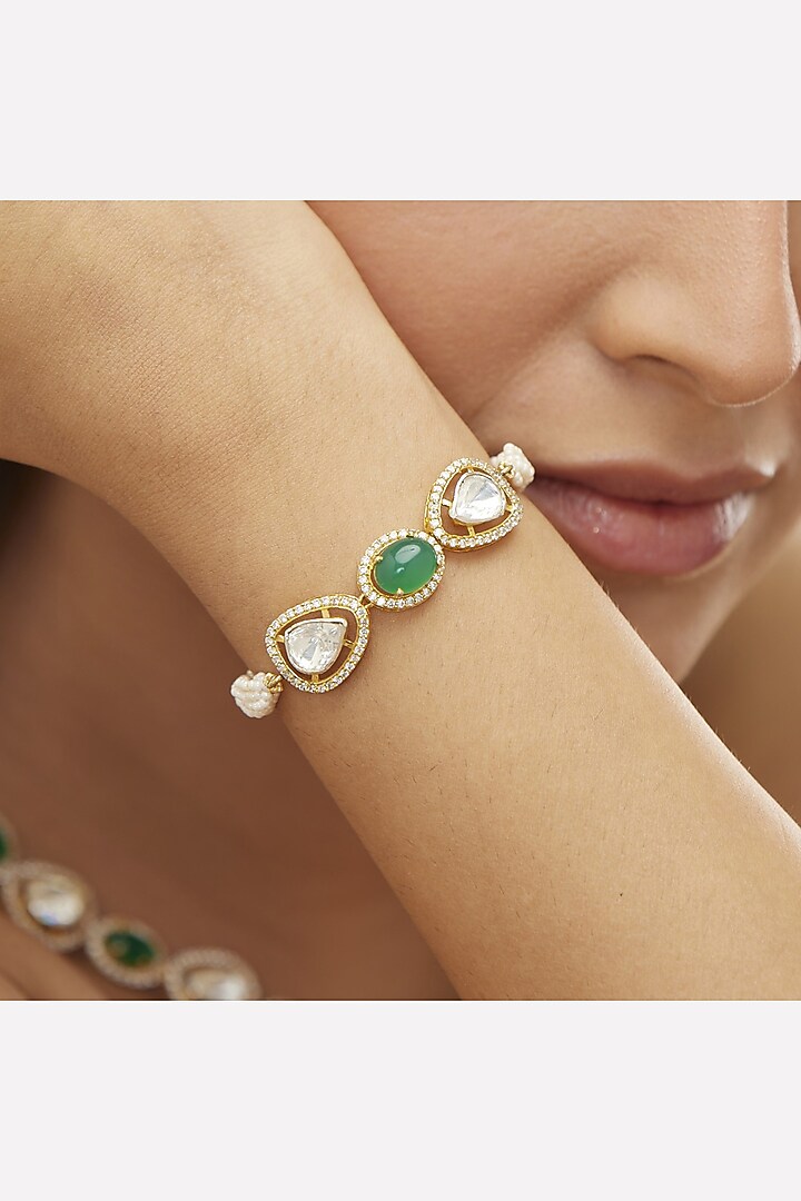Gold Plated Green Moissanite Polki & Zircon Bracelet In Sterling Silver by Mirelle at Pernia's Pop Up Shop