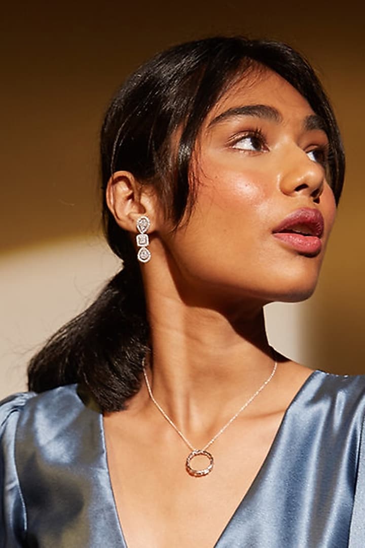 Rose Gold Finish Zircon Dangler Earrings In Sterling Silver by Mirelle at Pernia's Pop Up Shop
