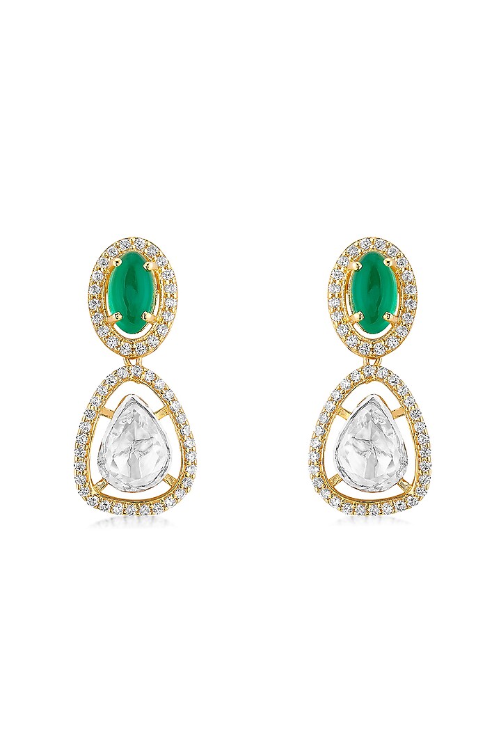 Gold Rhodium Plated Green Stone & Moissanite Polki Dangler Earrings In Sterling Silver by Mirelle at Pernia's Pop Up Shop