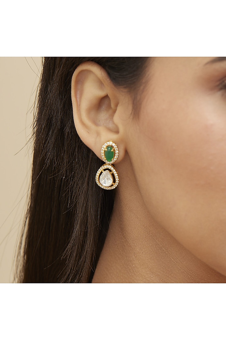 Gold Rhodium Plated Green Stone & Moissanite Polki Dangler Earrings In Sterling Silver by Mirelle at Pernia's Pop Up Shop