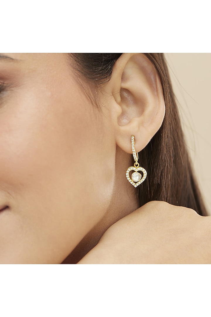 Gold Rhodium Plated Moissanite Polki Dangler Earrings In Sterling Silver by Mirelle at Pernia's Pop Up Shop